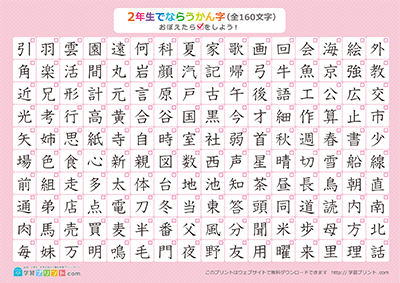 小学2年生の漢字一覧表（チェック表） ピンク A4